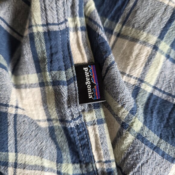 Patagonia Shirt Mens XL Blue Tan Plaid Organic Cotton Short Sleeve Button Up - Picture 6 of 7